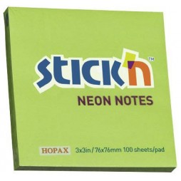 Lipnūs lapeliai STICK´N, 76x76 mm, 100 lapelių, ryškiai žali